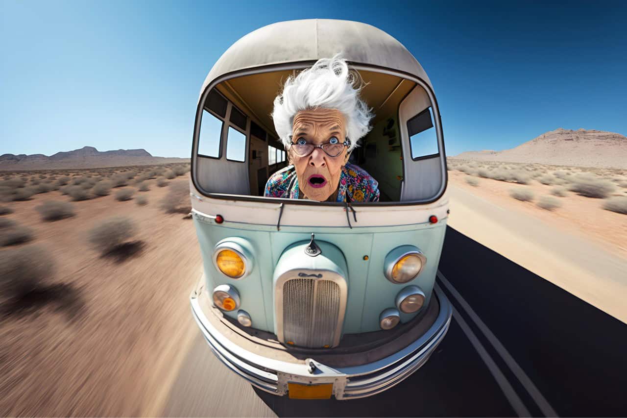 Elderly woman with gray hair surprised in a vintage camper van in desert landscape.