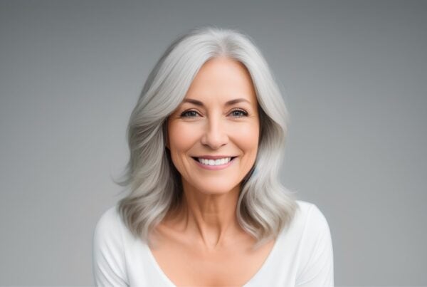 Smiling mature woman with gray hair showcasing confidence and style.