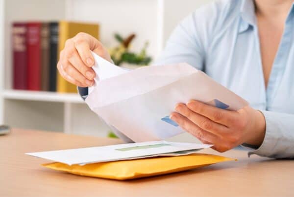 Woman handling mail with gray hair, promoting confidence in natural hair.