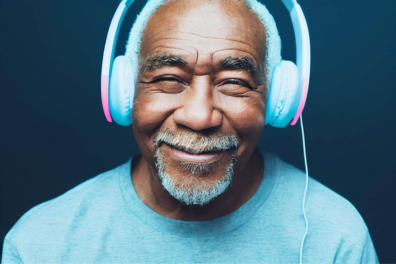 Happy senior man with gray hair wearing headphones, embracing aging and style.