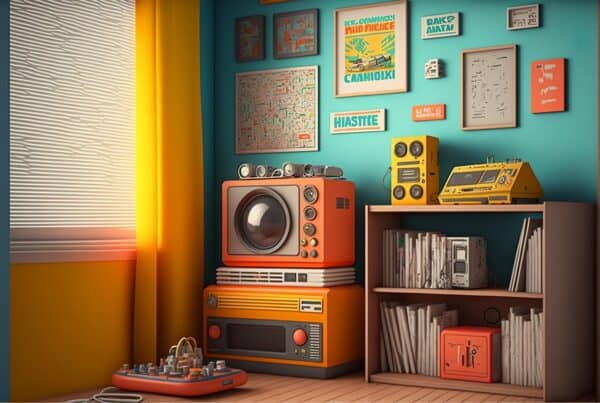 Retro stereo and record player setup with vibrant wall art and cozy ambiance.