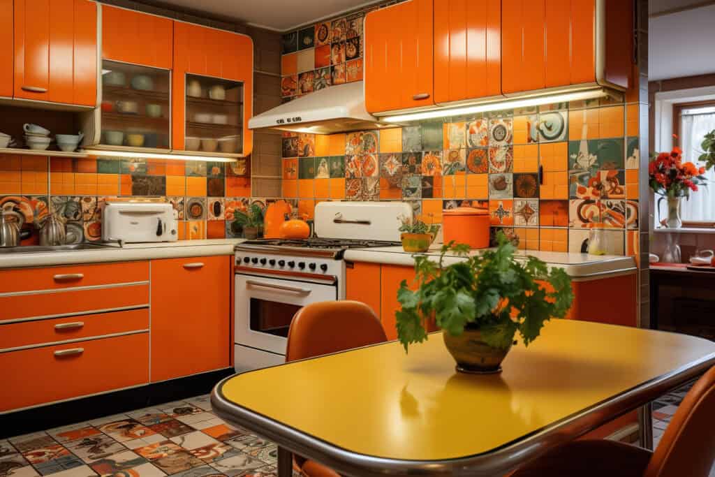 Vintage orange kitchen with retro decor and colorful tile backsplash.