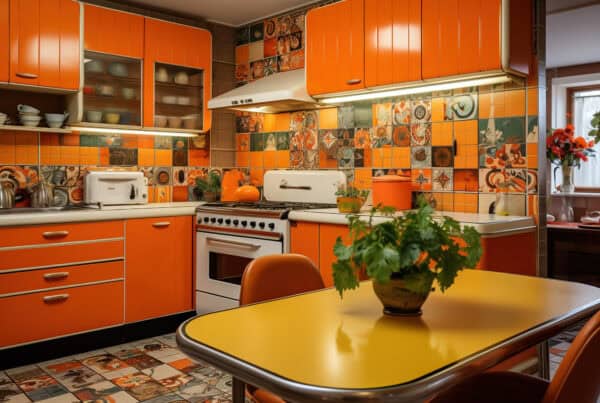 Vintage orange kitchen with retro decor and colorful tile backsplash.