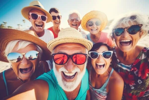 Group of joyful seniors with gray hair enjoying sunny outdoor day.