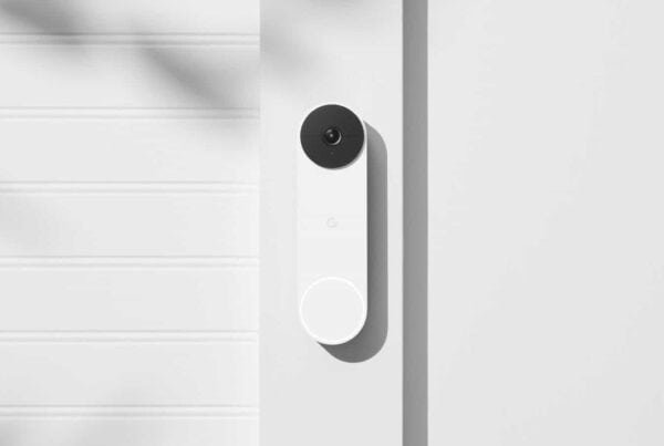 Video doorbell mounted on a white door for enhanced safety for older adults.
