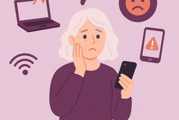 Elderly woman worried about phone and social media stress, digital overload, and mental health.