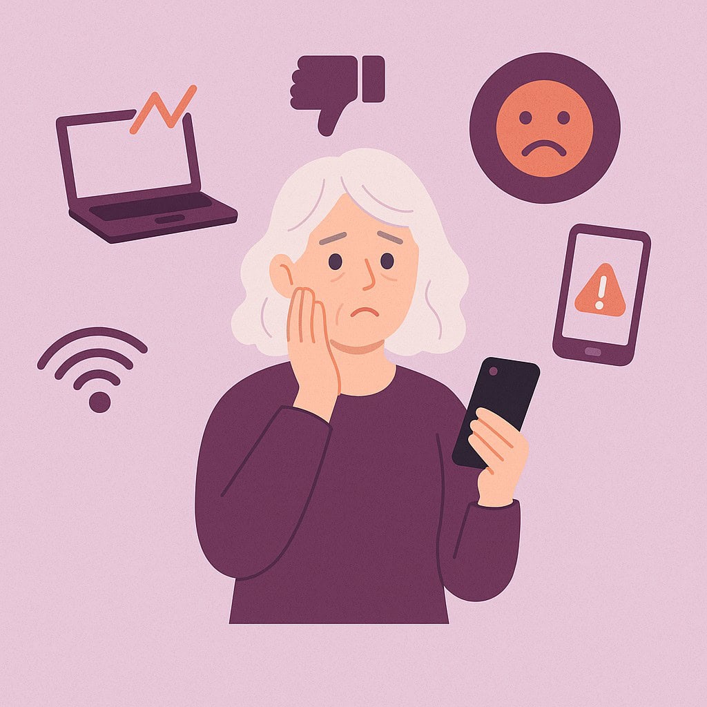 Elderly woman worried about phone and social media stress, digital overload, and mental health.