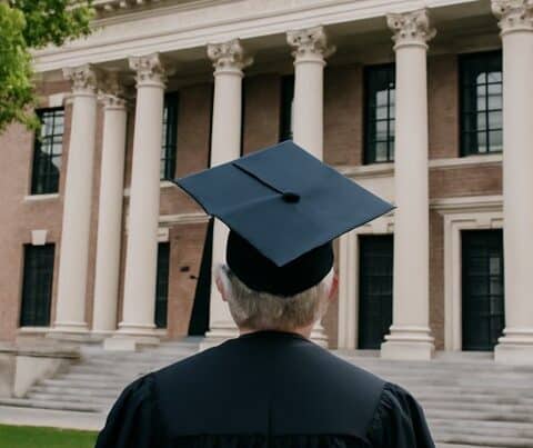 Senior graduate in cap and gown outside university building.