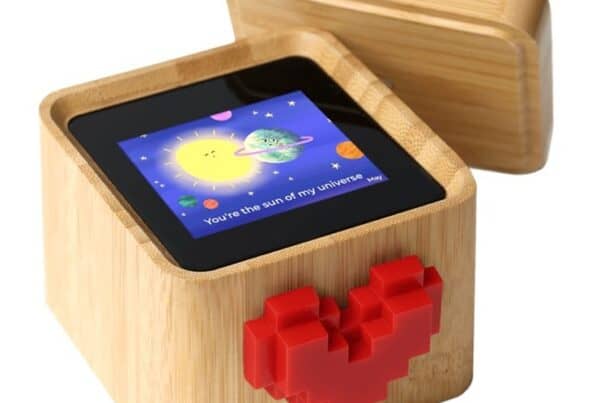 Wooden gift box with a digital screen and pixelated red heart decoration.