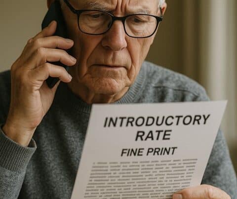 Elderly man reading a document titled "Introductory Rate" about hair care offers.
