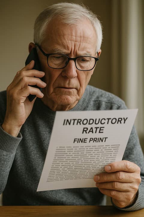 Elderly man reading a document titled "Introductory Rate" about hair care offers.