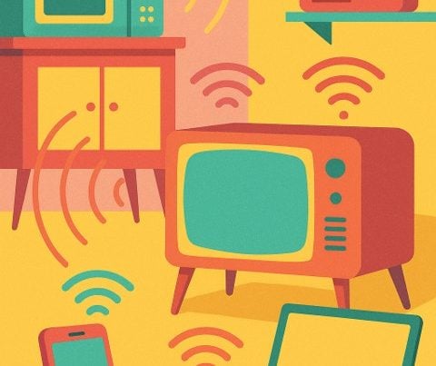 Illustration of wireless devices emitting radio waves at home.