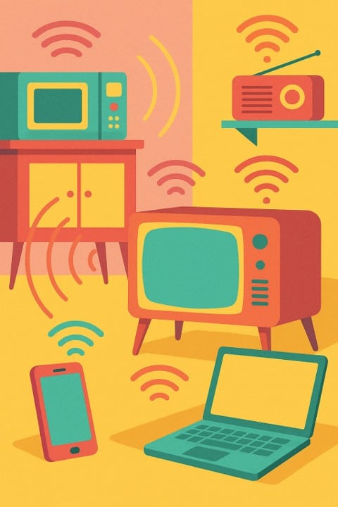 Illustration of wireless devices emitting radio waves at home.