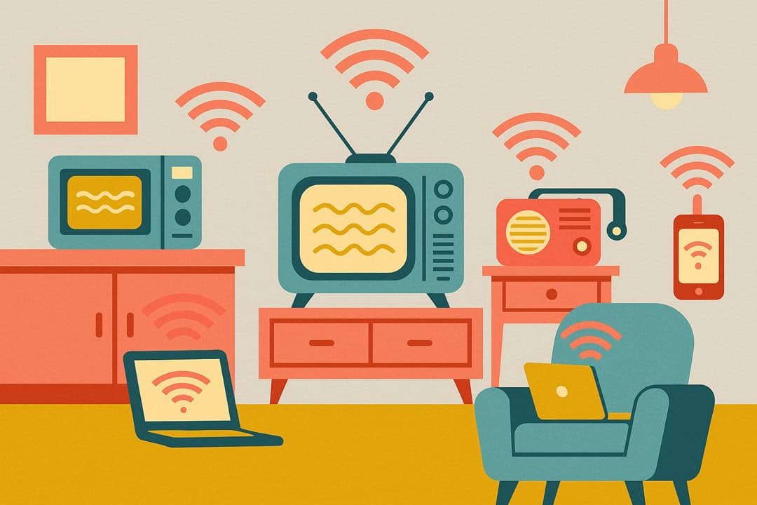 Wireless signals in a living room with TV, laptop, and smart devices.