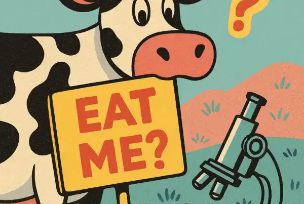 Cartoon cow holding "Eat Me?" sign with microscope, questioning lab-grown meat safety.