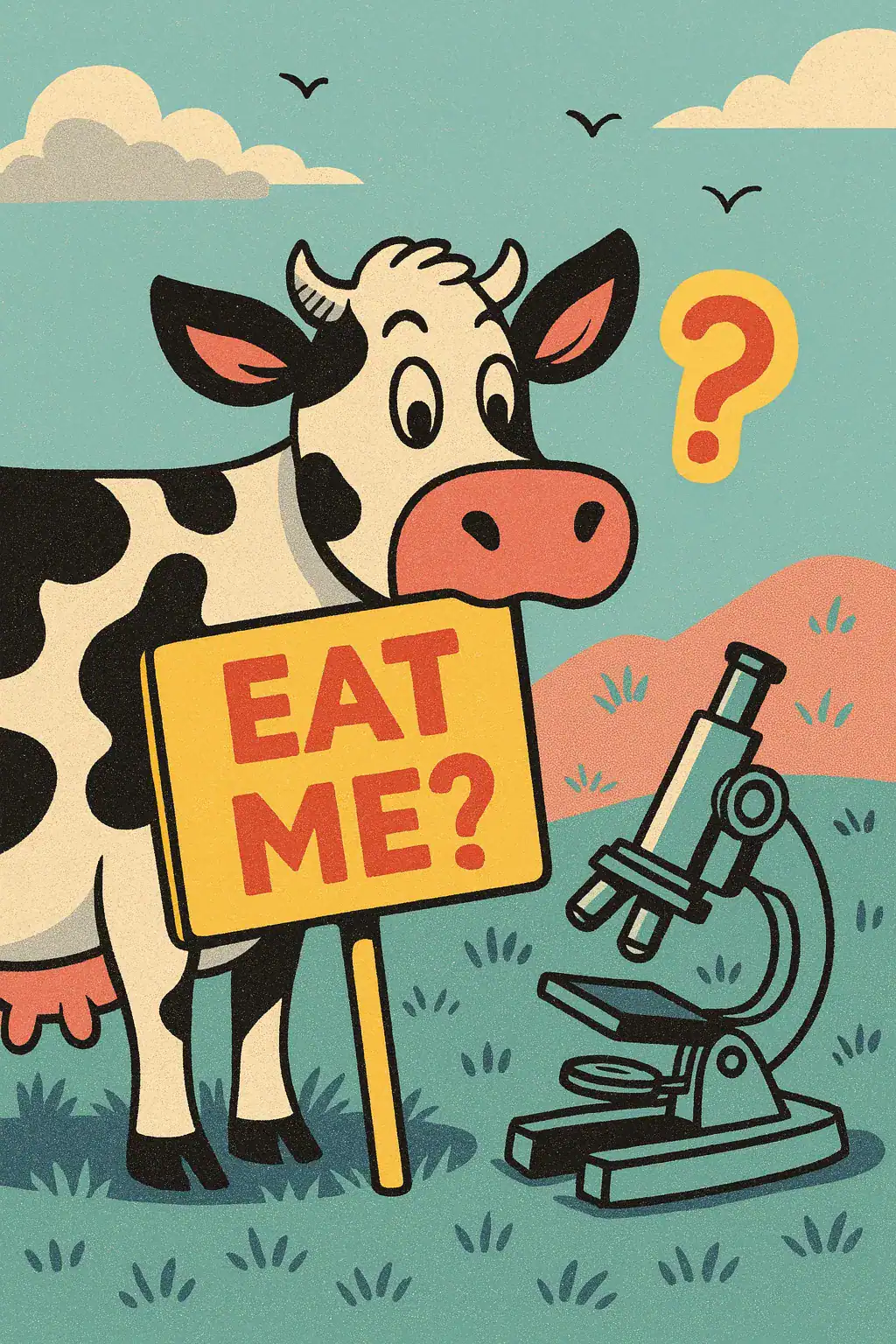 Cartoon cow holding "Eat Me?" sign with microscope, questioning lab-grown meat safety.