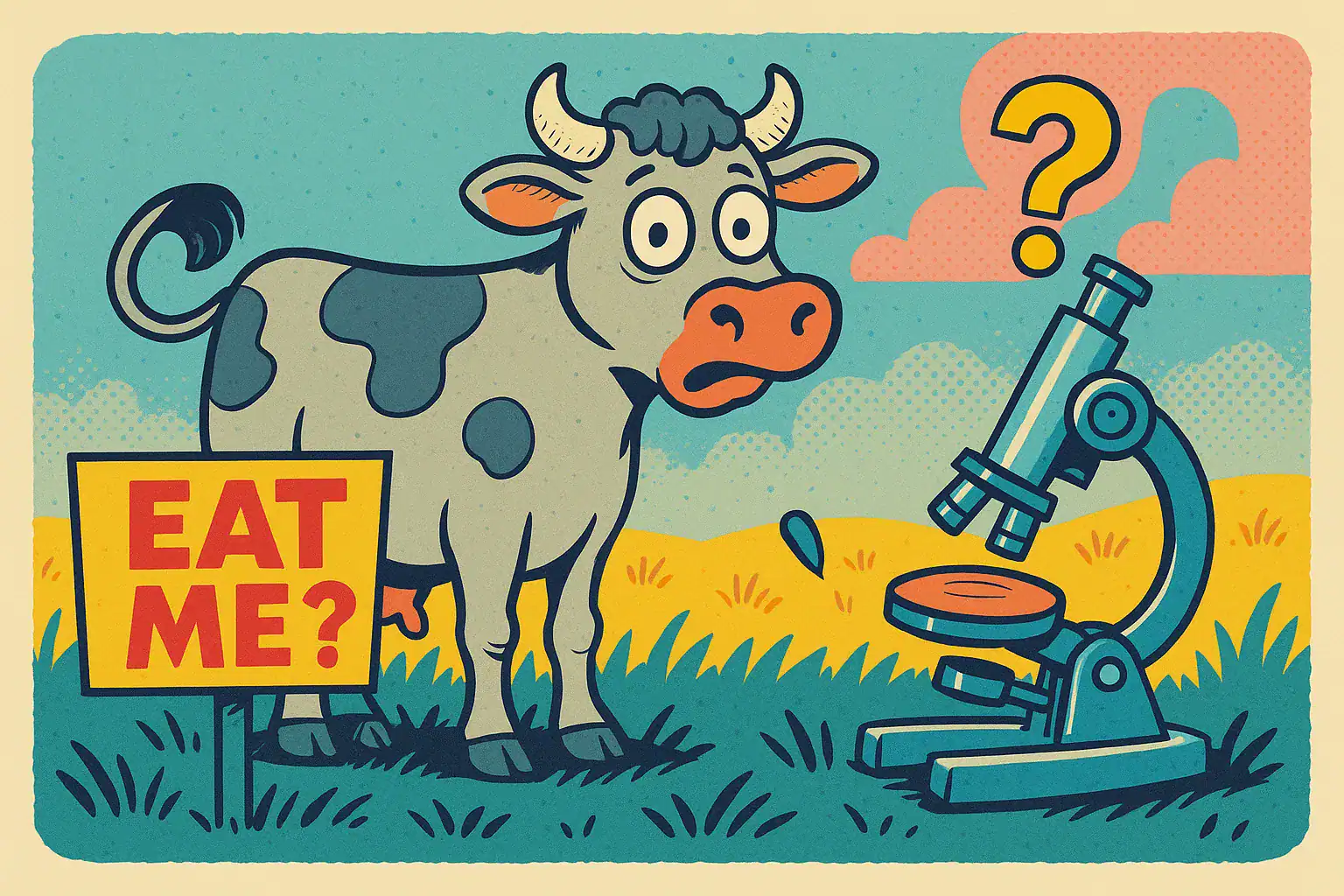 Cartoon cow with microscope, questioning lab-grown meat safety.