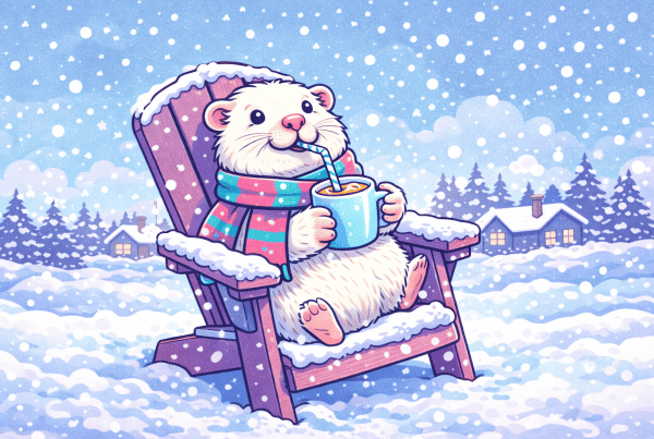 Adorable otter relaxing in a snowy landscape, enjoying a warm drink, embodying the carefree spirit o.