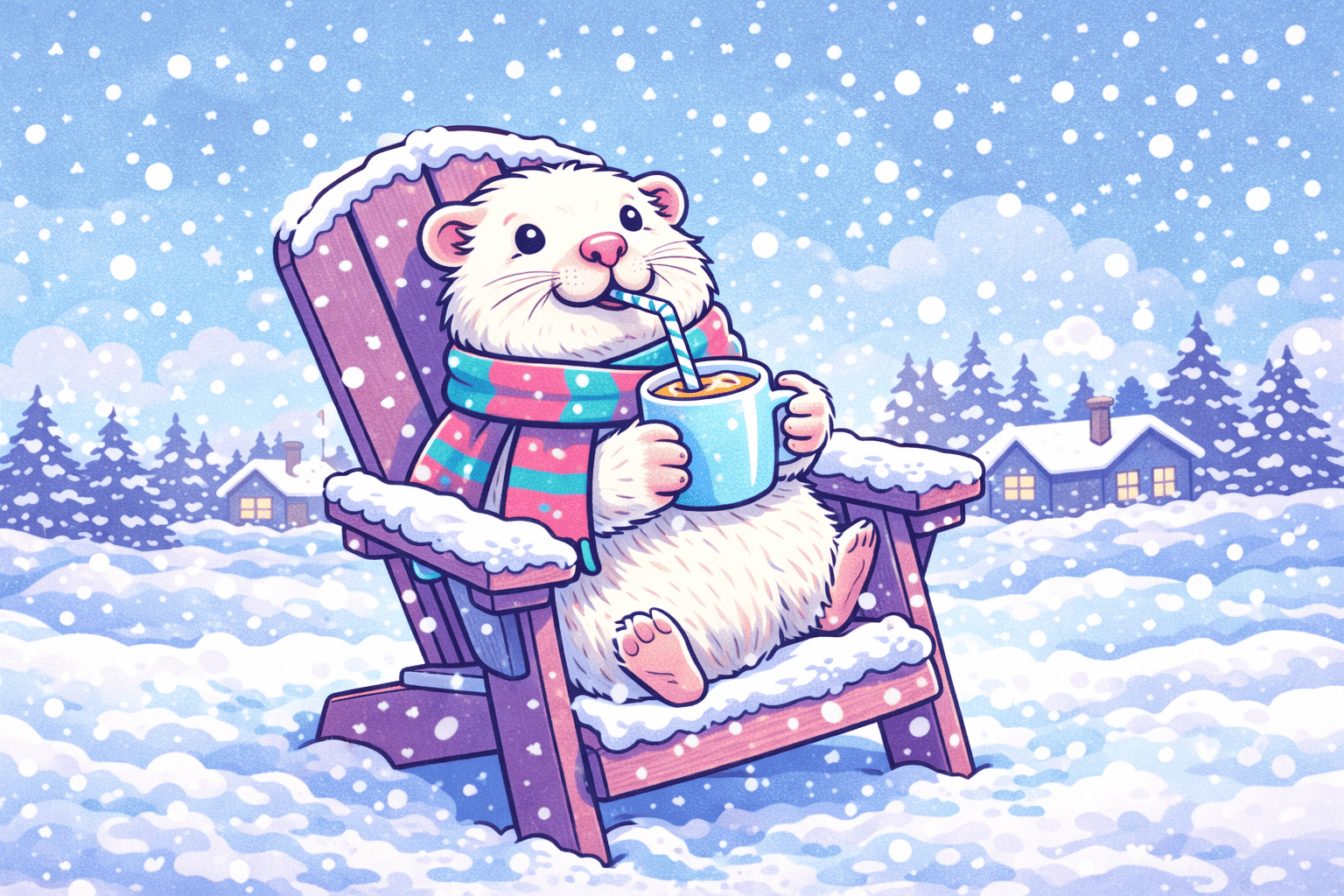 Adorable otter relaxing in a snowy landscape, enjoying a warm drink, embodying the carefree spirit o.