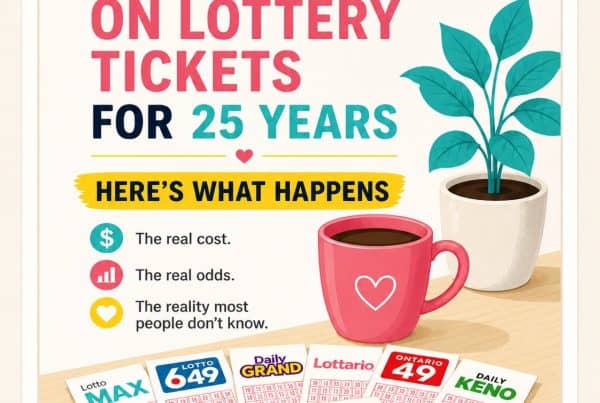Illustration of lottery tickets, a coffee mug, and a plant with text about spending $10 weekly for 2.