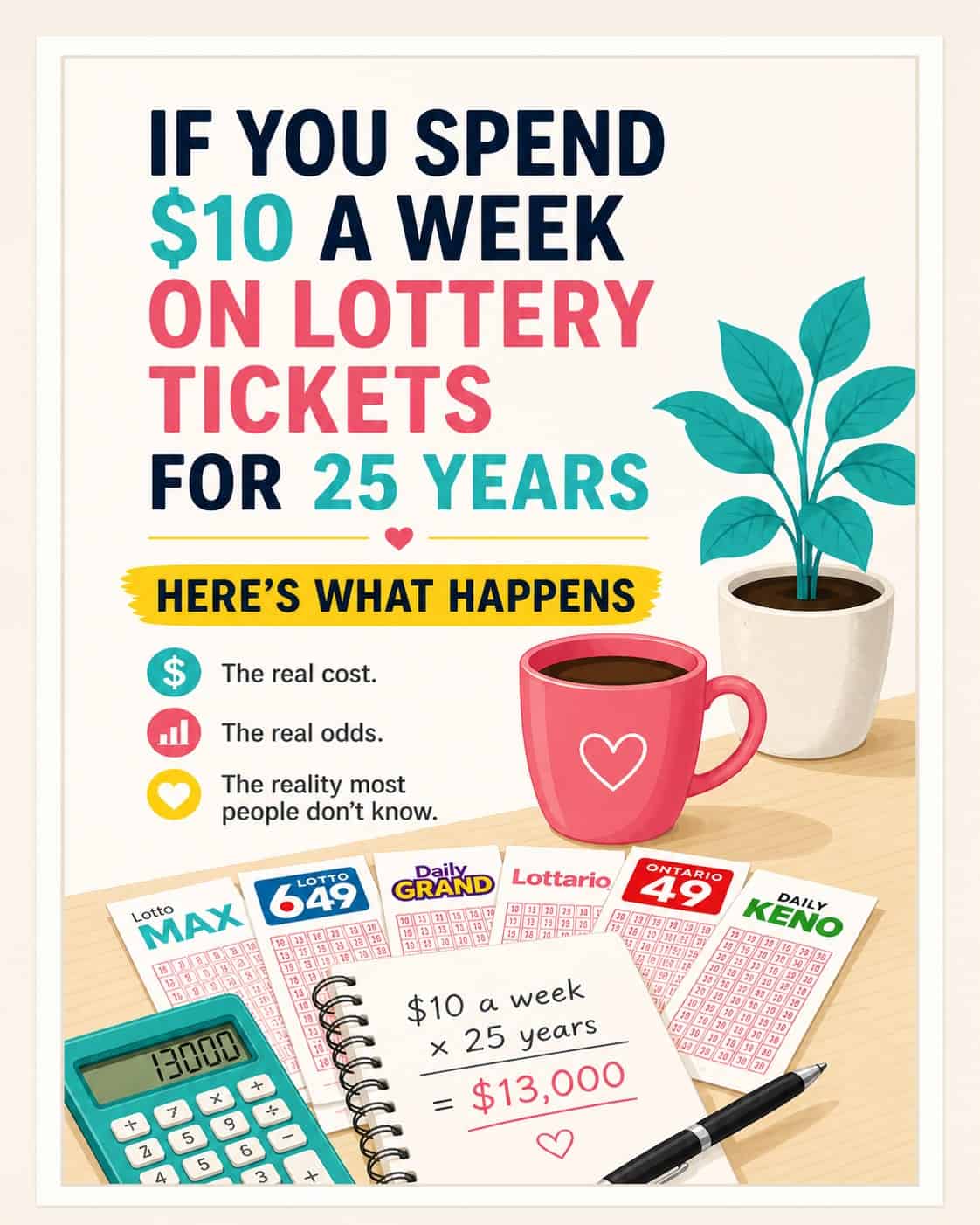 Illustration of lottery tickets, a coffee mug, and a plant with text about spending $10 weekly for 2.
