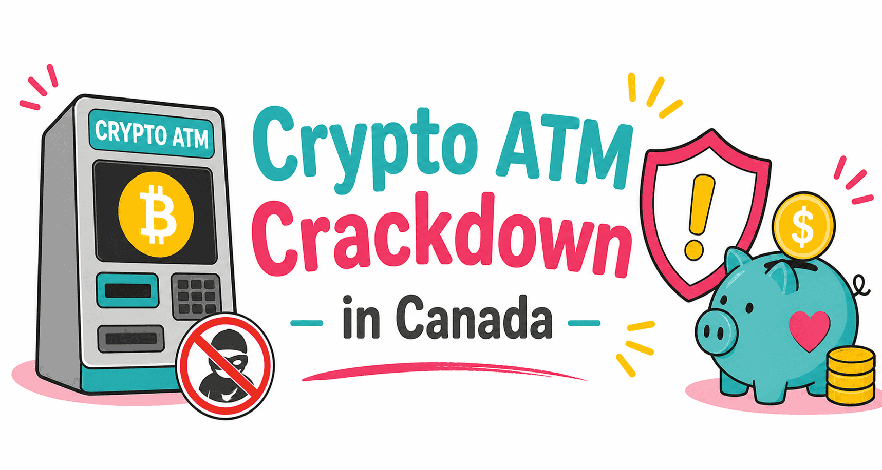 Crypto ATM crackdown in Canada with warning signs and piggy bank illustration.