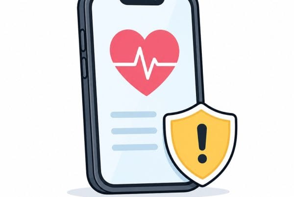 Heart health monitoring app with alert and warning shield for health safety.