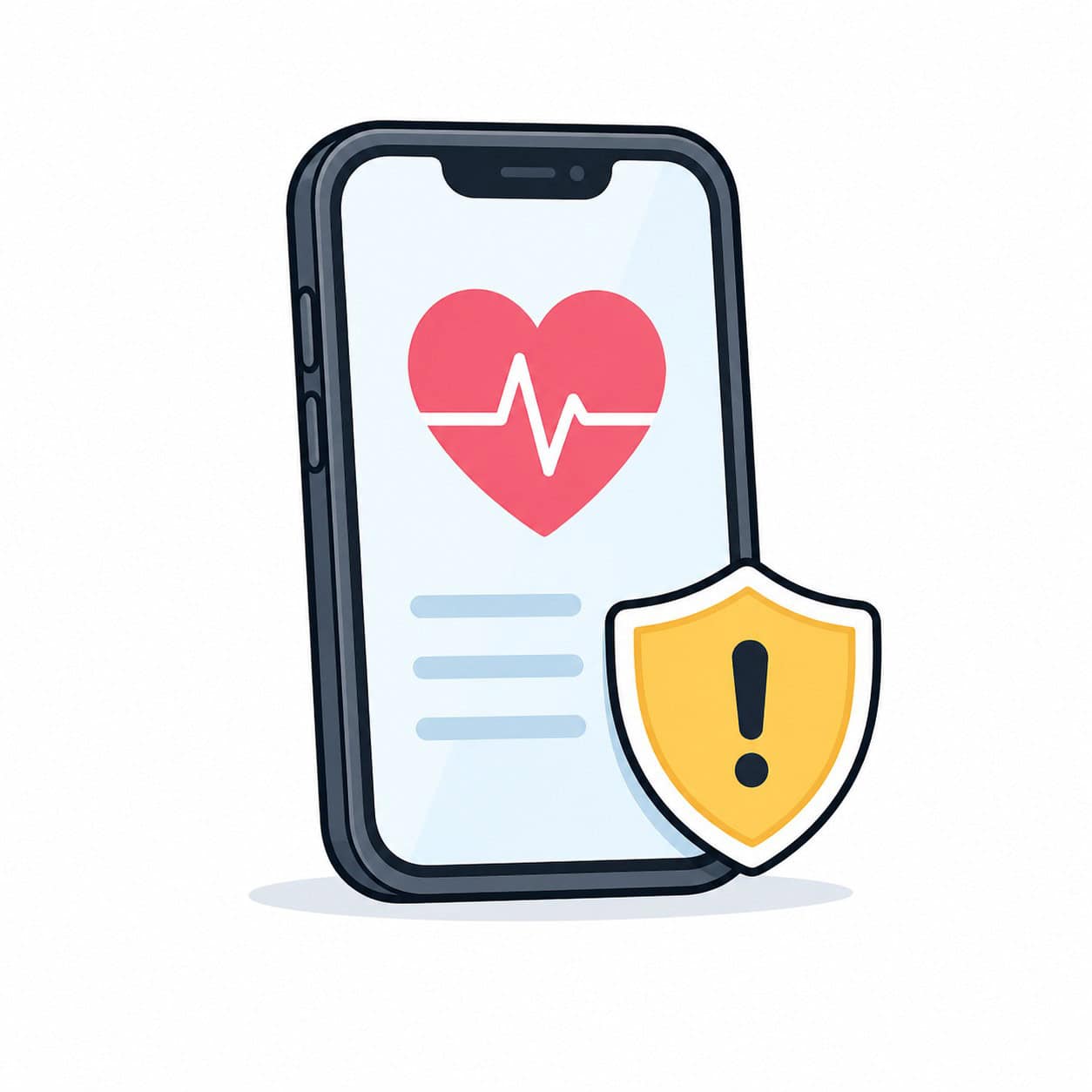 Heart health monitoring app with alert and warning shield for health safety.