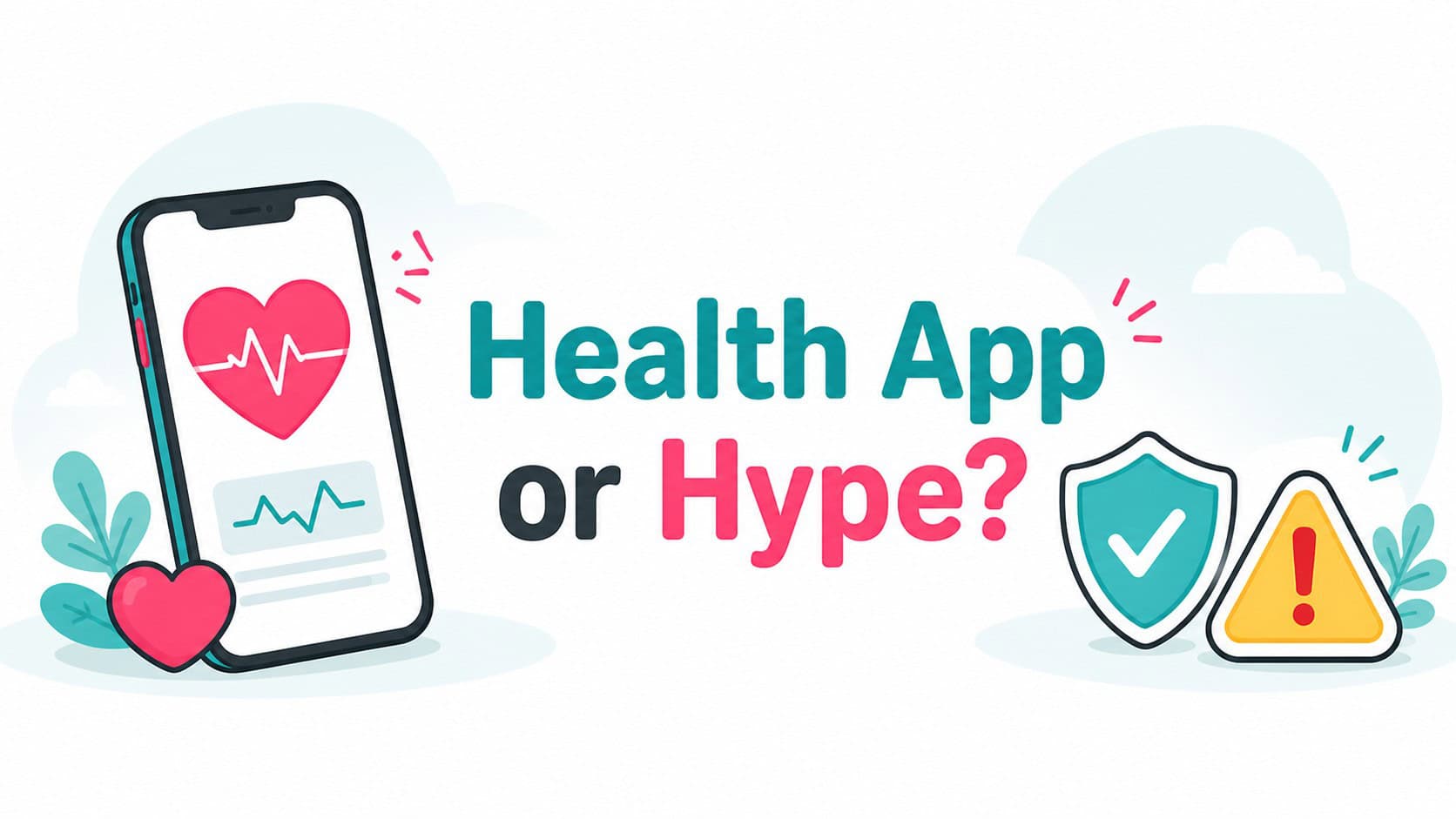 Illustration of a health app on a smartphone with health icons and warning symbols.