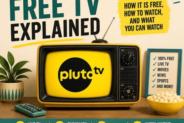 Vintage TV with Pluto TV logo, explaining free streaming and how to watch.