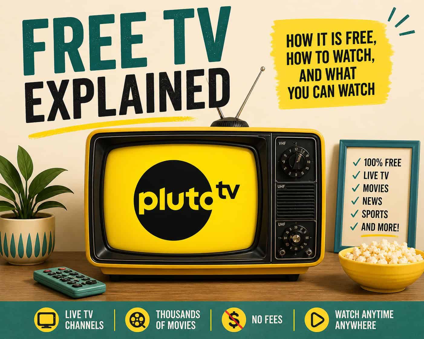 Vintage TV with Pluto TV logo, explaining free streaming and how to watch.
